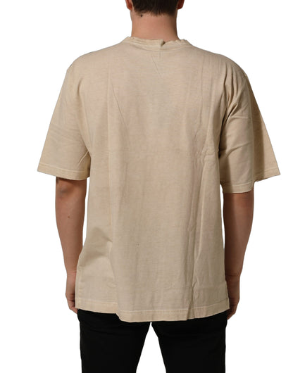 Beige Cotton Graphic Print Crew Neck T-shirt