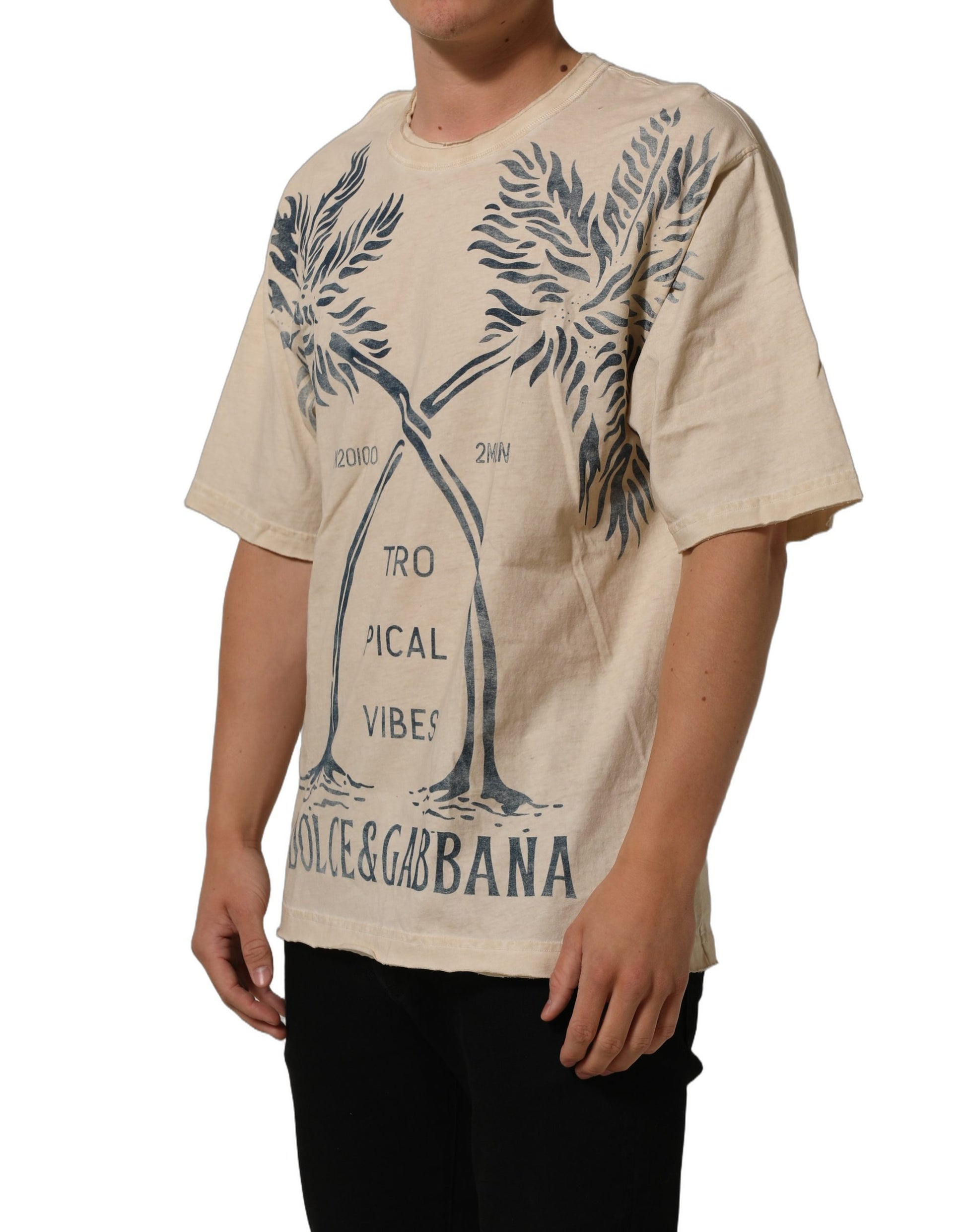 Beige Cotton Graphic Print Crew Neck T-shirt