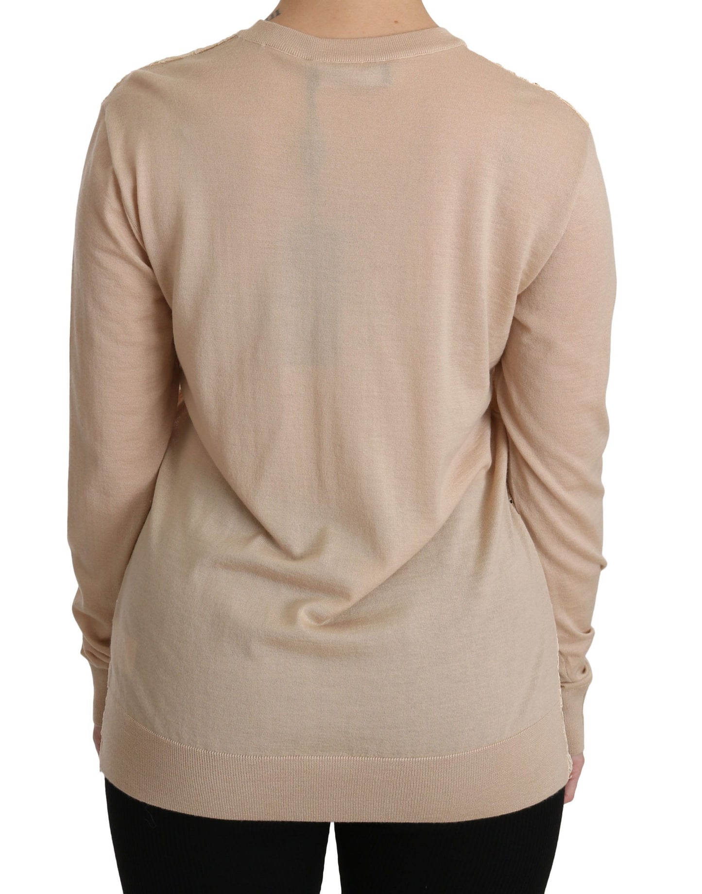 Elegant Beige Lace Crew Neck Cashmere Blouse