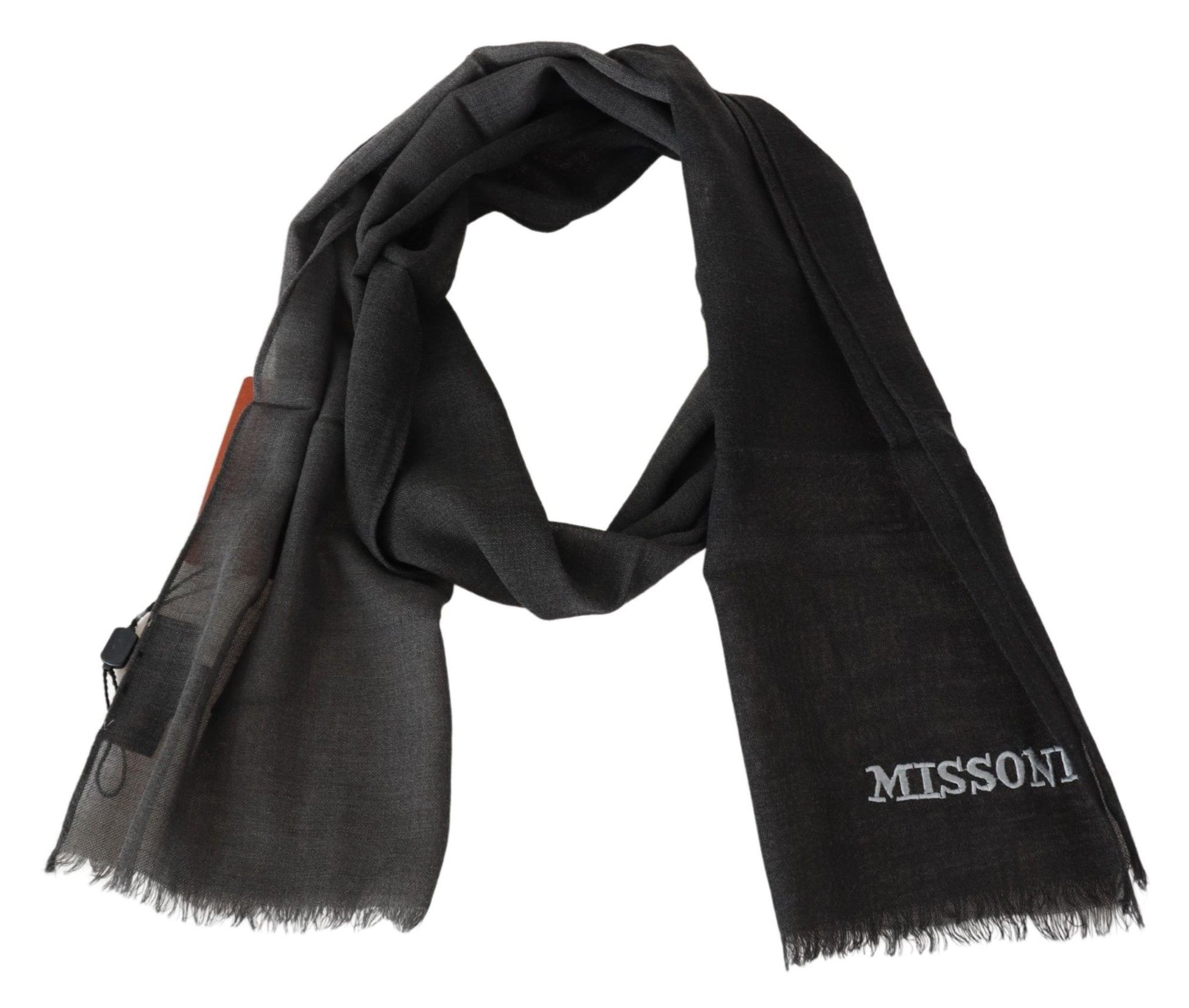 Elegant Black Wool Scarf with Embroidered Logo