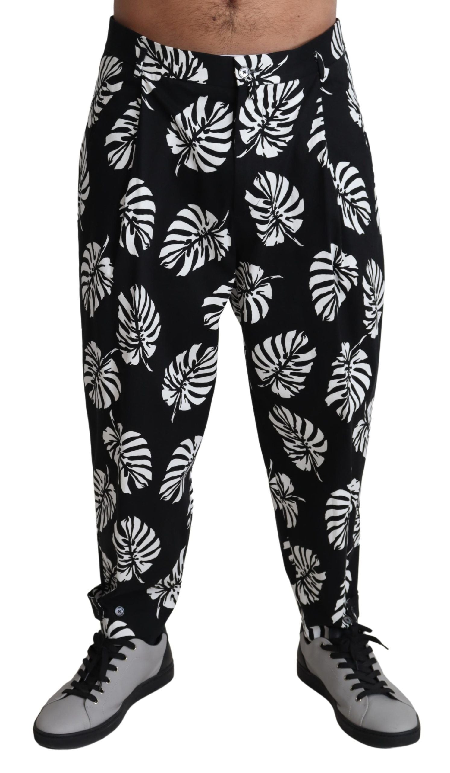 Elegant Palm Leaf Print Cotton Trousers