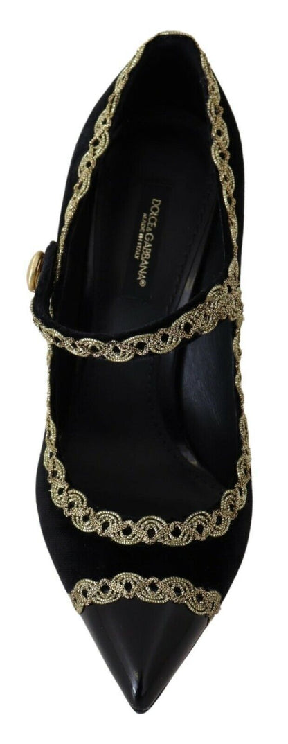 Elegant Gold-Embroidered Black Velvet Pumps