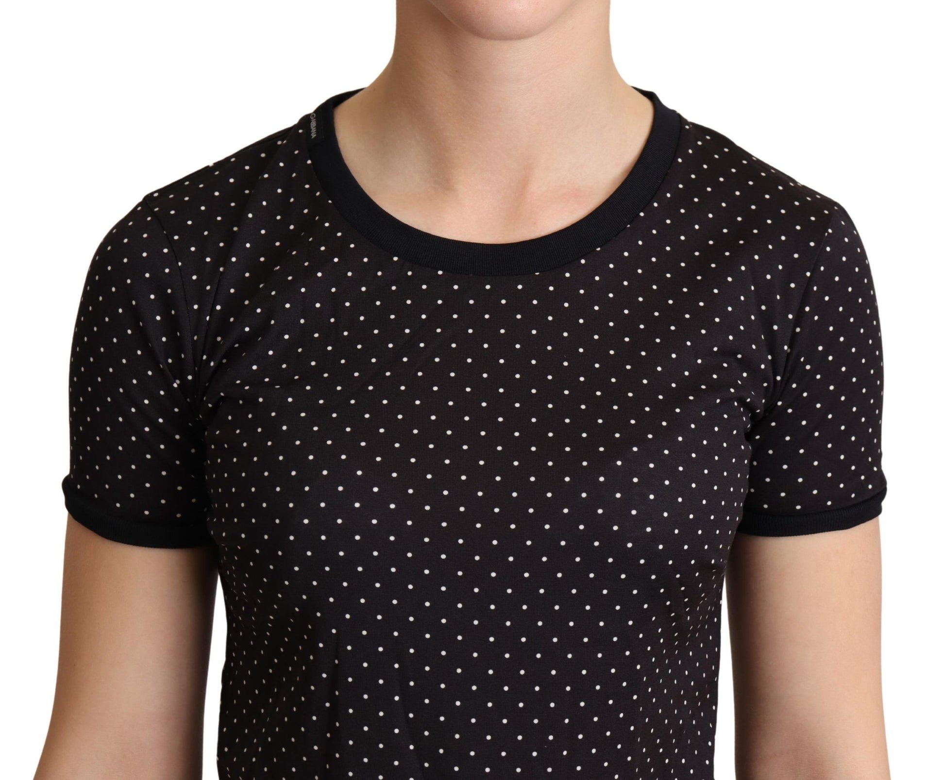 Polka Dotted Black Short Sleeve Crewneck Top