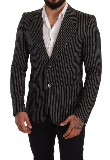 Elegant Black Striped Virgin Wool Blazer