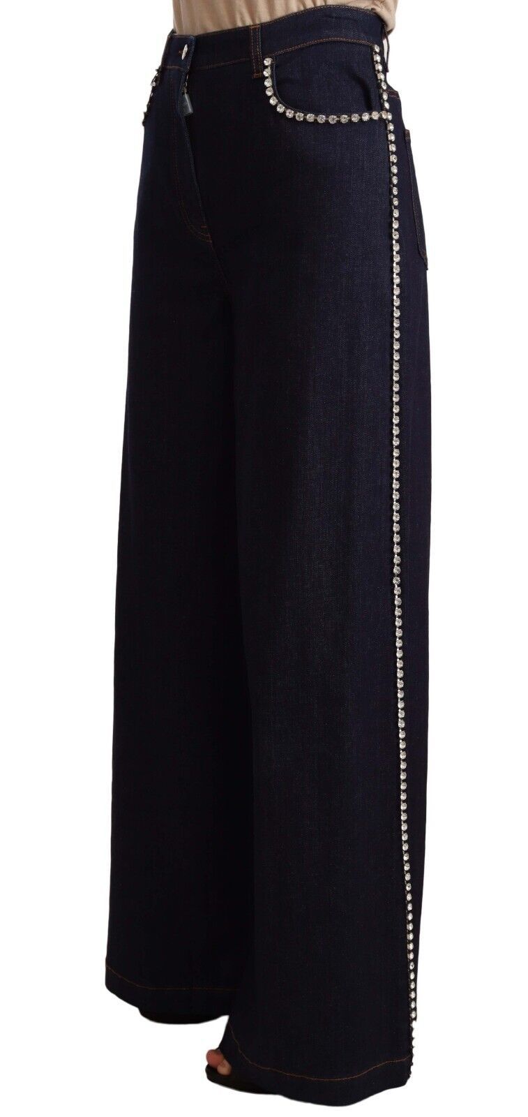 Dark Blue Crystal Embellished Flare Jeans