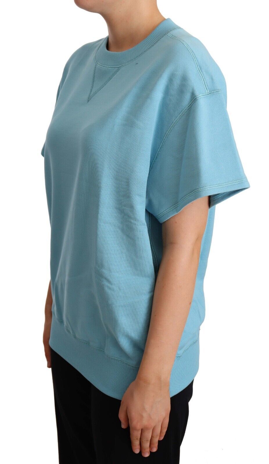 Elegant Blue Crew Neck Cotton Top