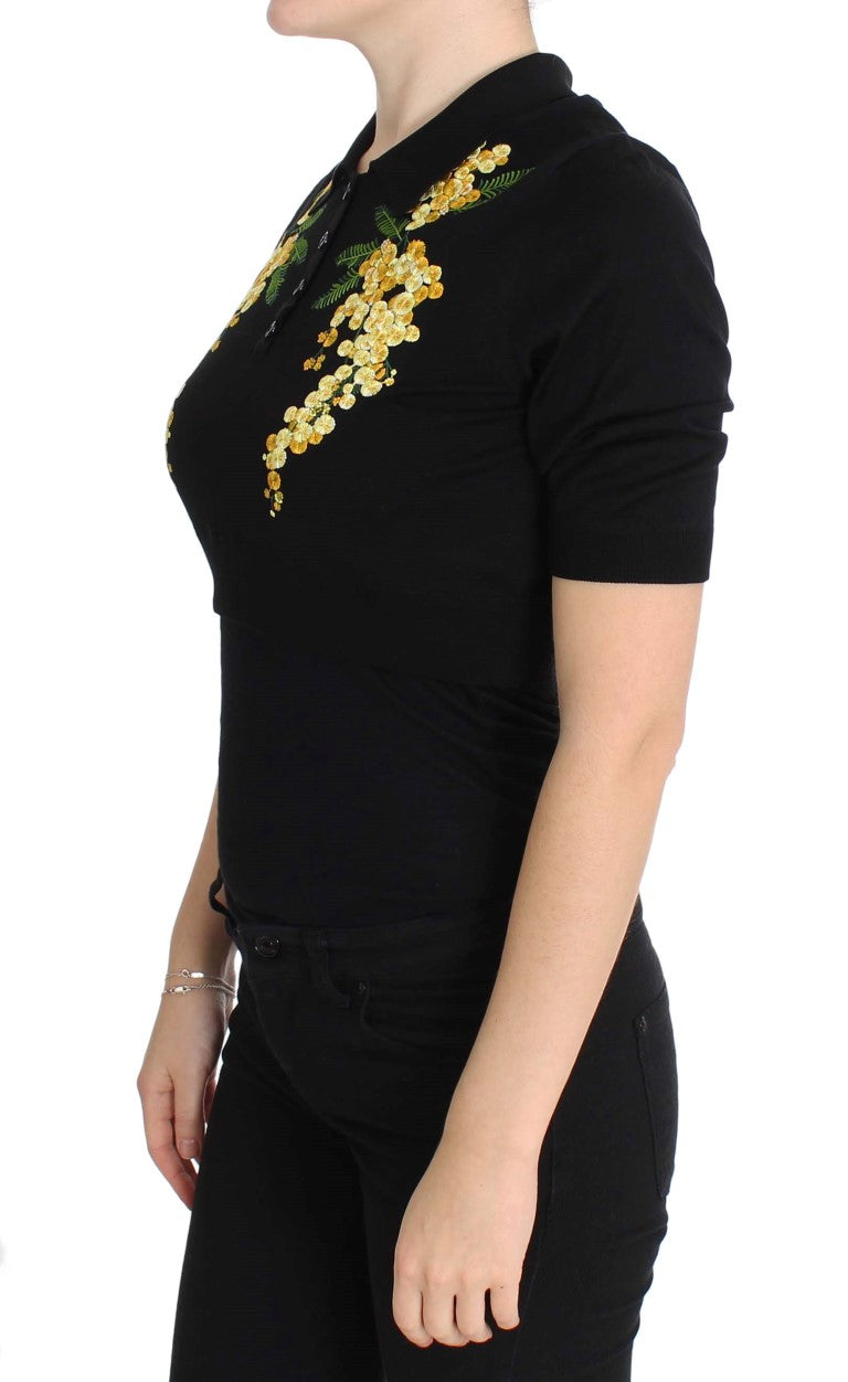 Elegant Black Silk Floral Polo Top