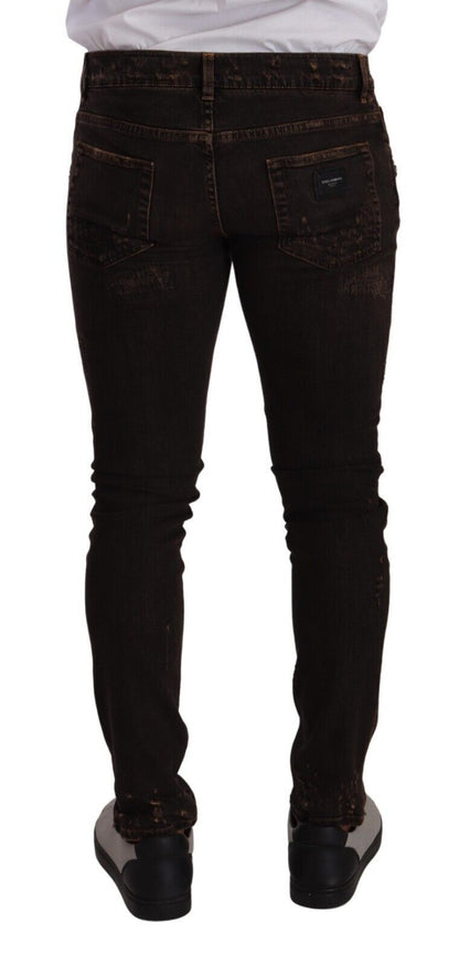 Brown Distressed Slim Fit Skinny Denim Jeans