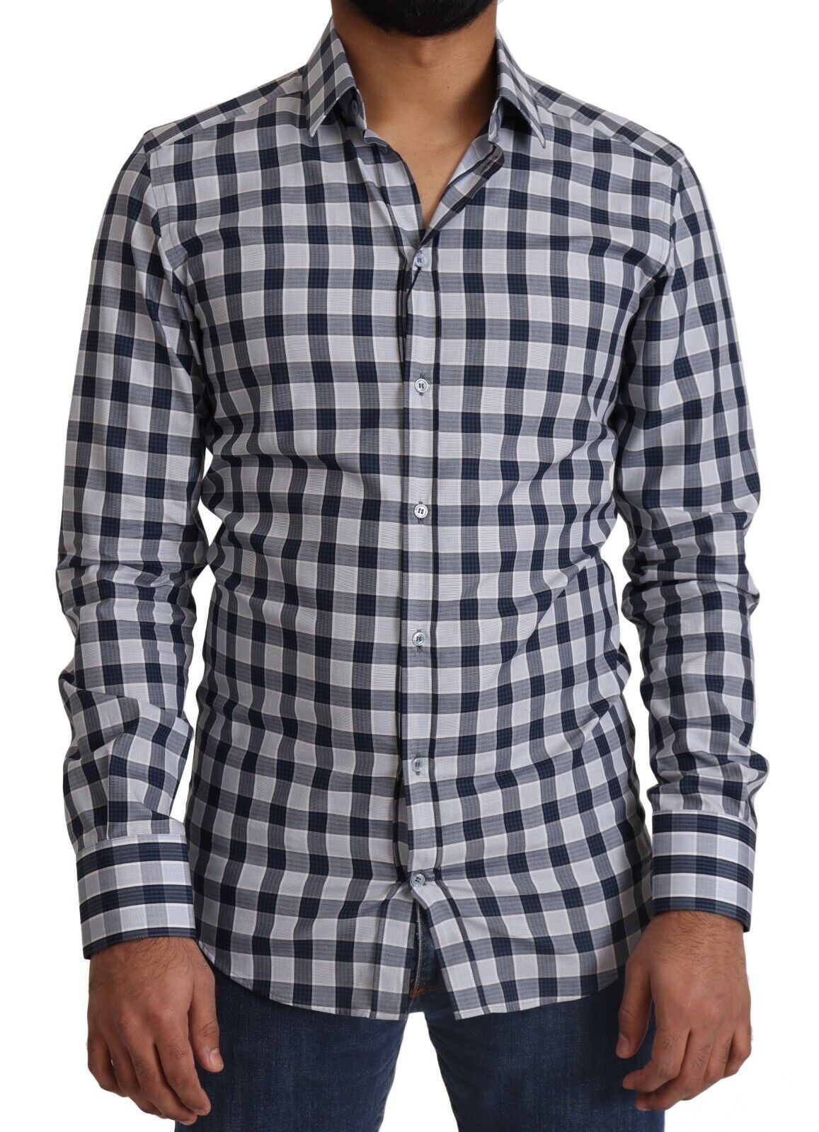 Elegant Blue & White Checkered Slim Fit Dress Shirt