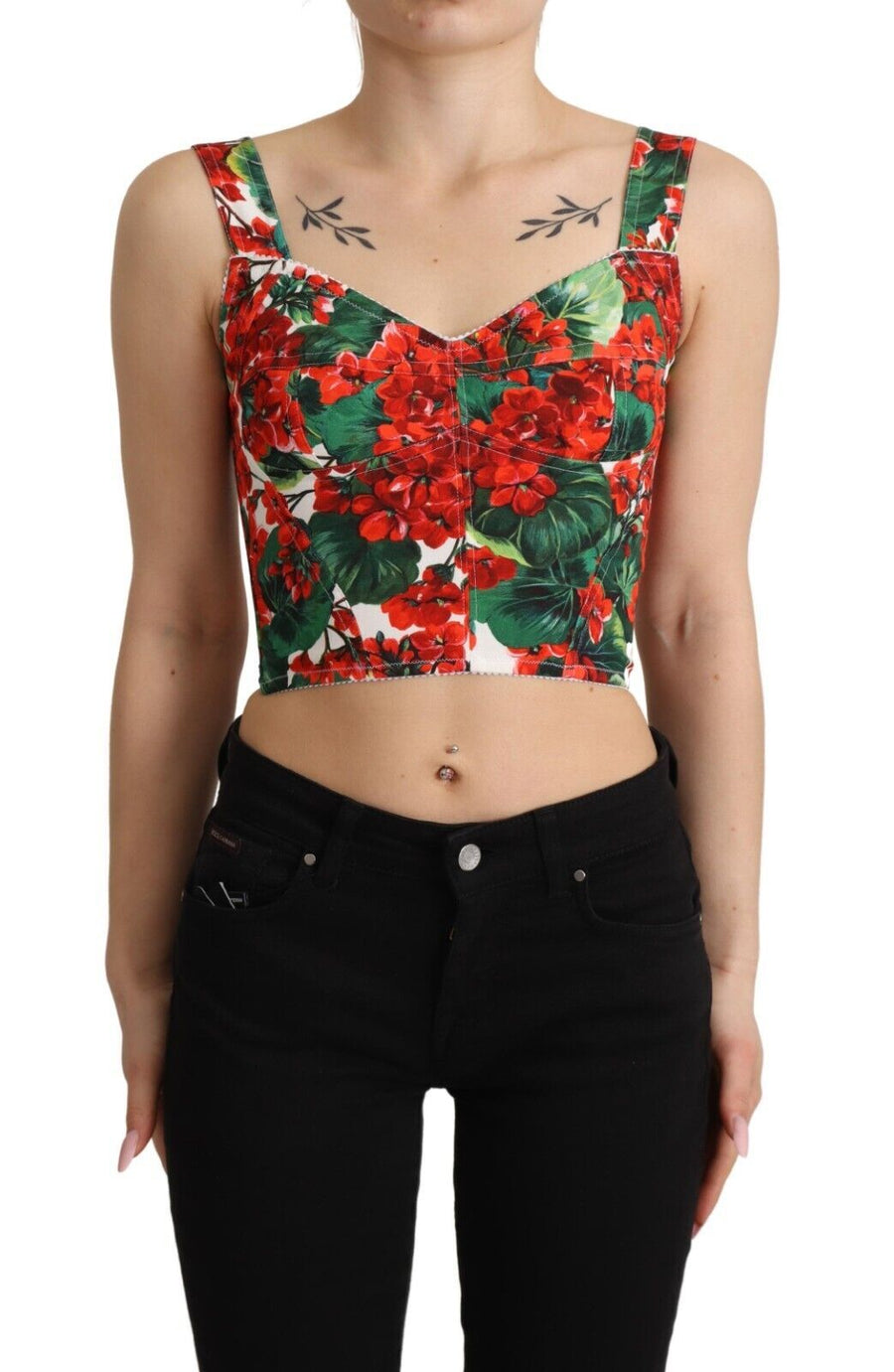 Elegant Red Cropped Top with Geranium Print