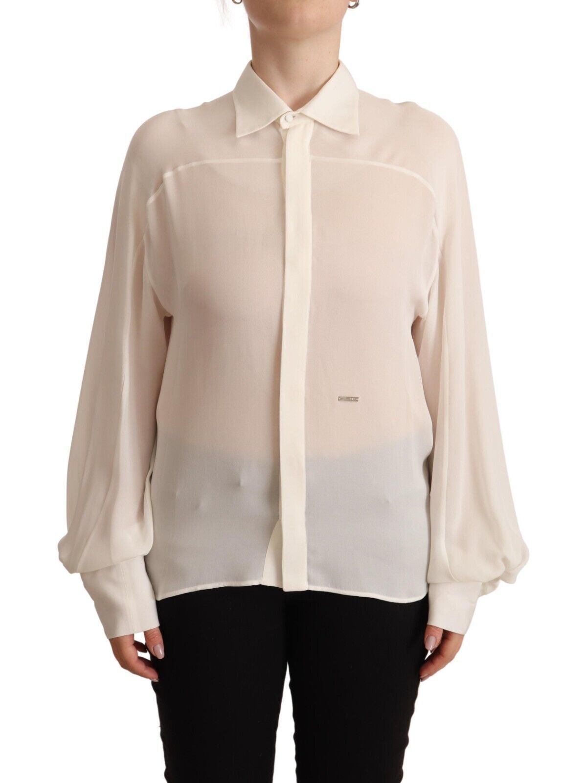 Elegant Off White Silk Long Sleeve Blouse