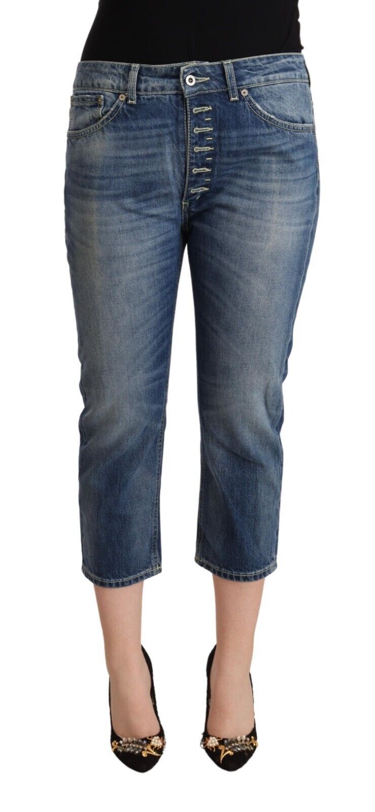 Blue Washed Mid Waist Capri Denim Jeans