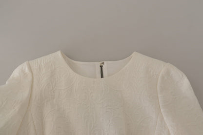 White Jaquard Midi Floral Sheath Brocade Dress