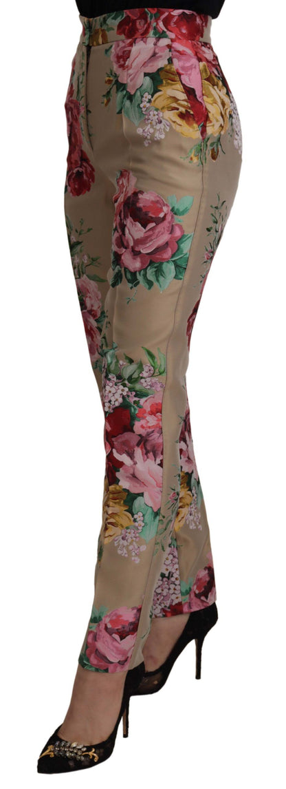 Beige Floral Dress Formal High Waist Pants