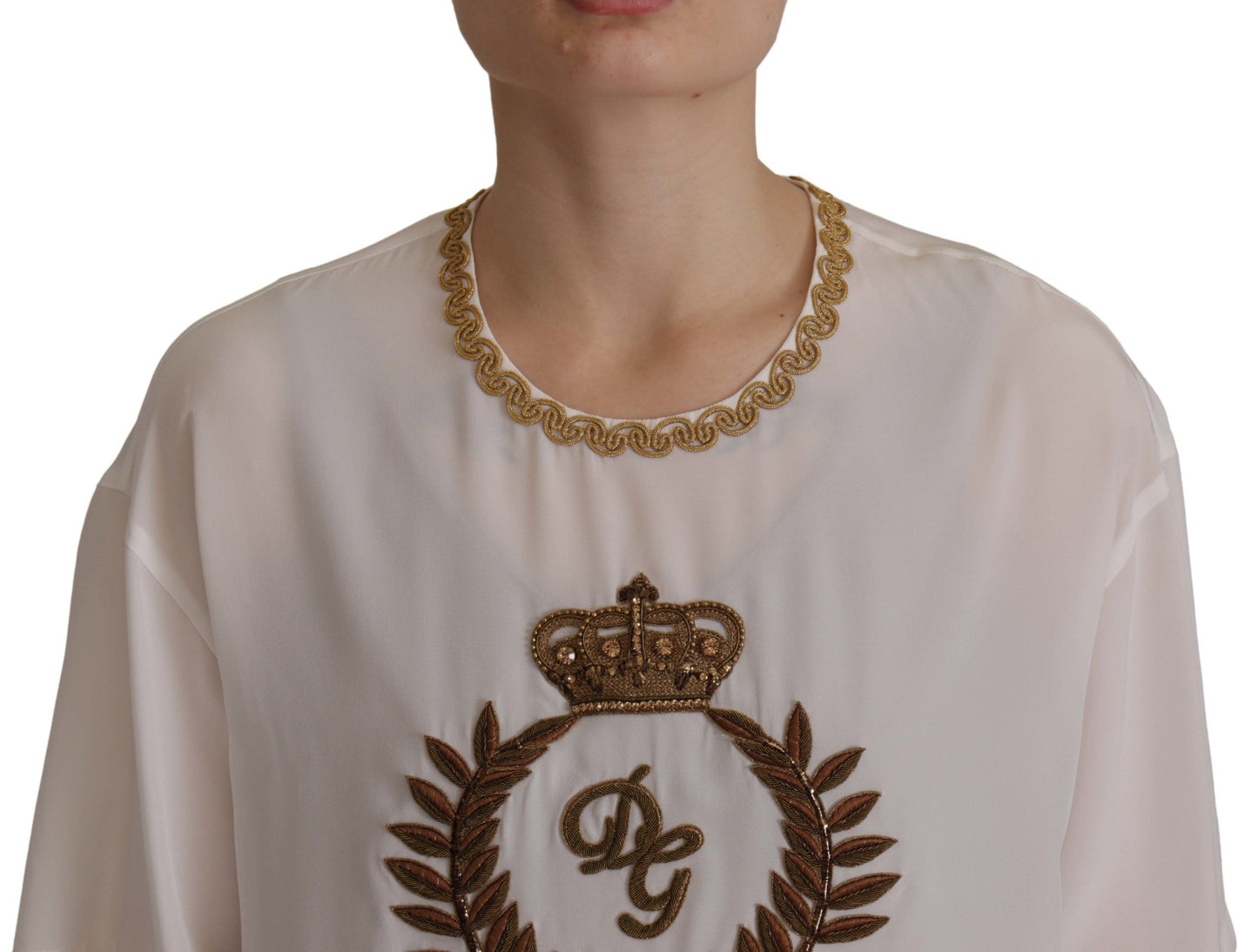 Elegant Silk Blouse with Gold Crown Embroidery