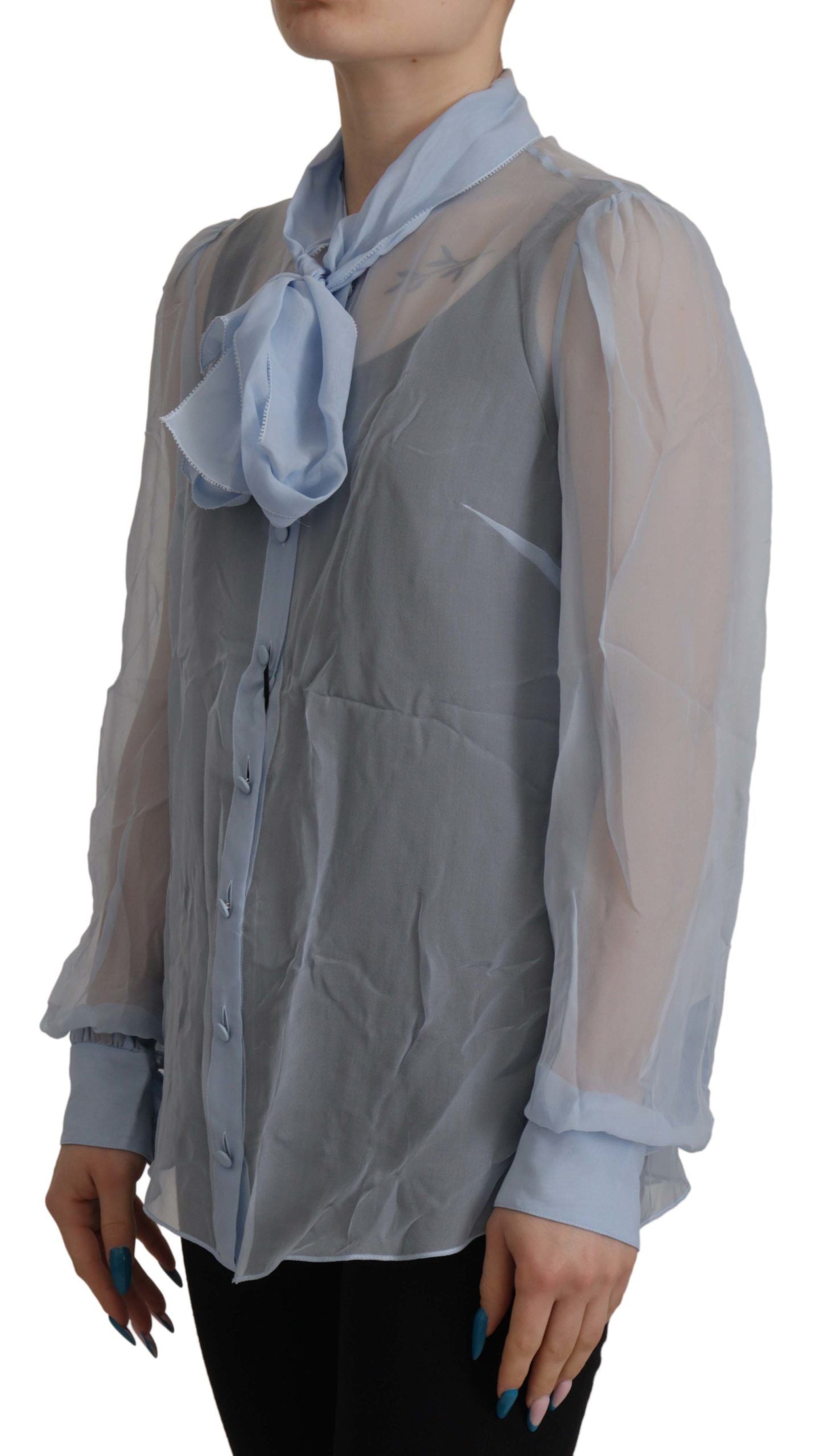 Elegant Silk Ascot Collar Blouse in Light Blue