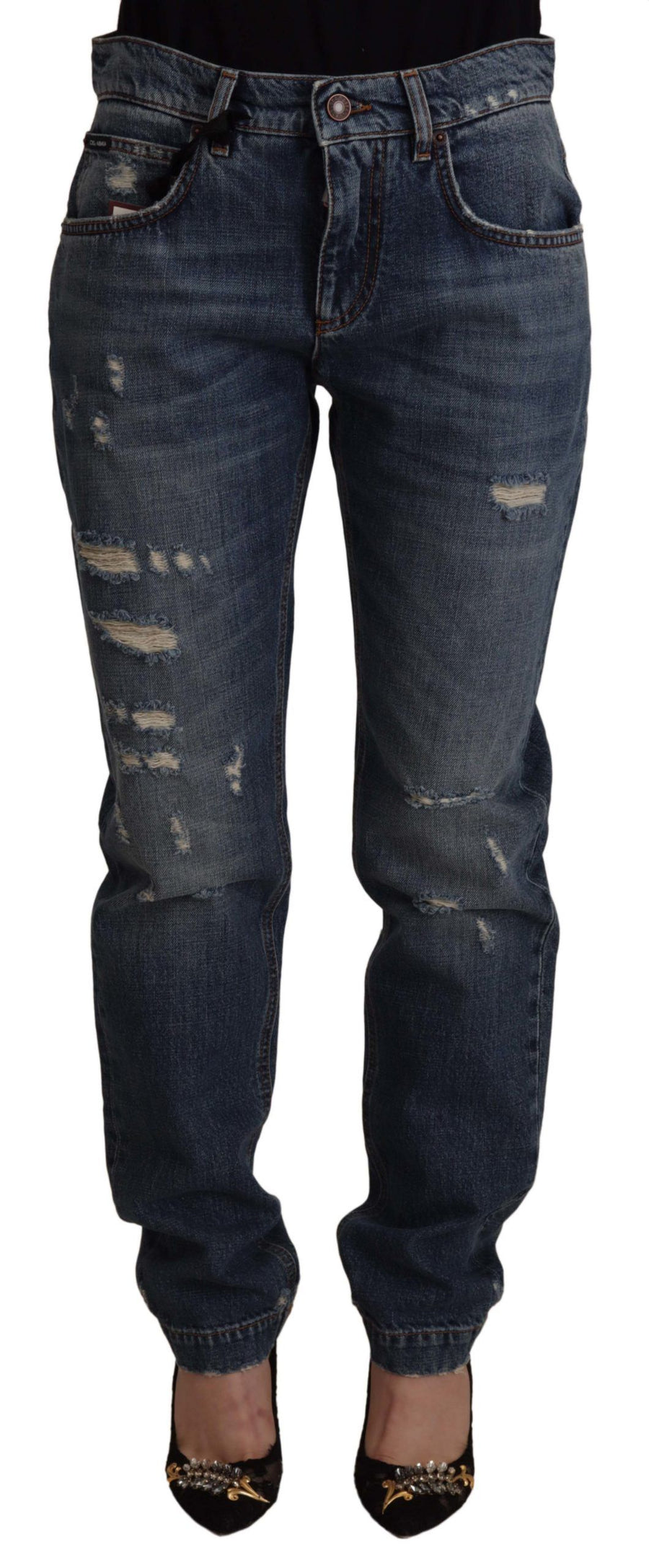 Blue Denim Baroque Heart Logo Patch Pants Jeans