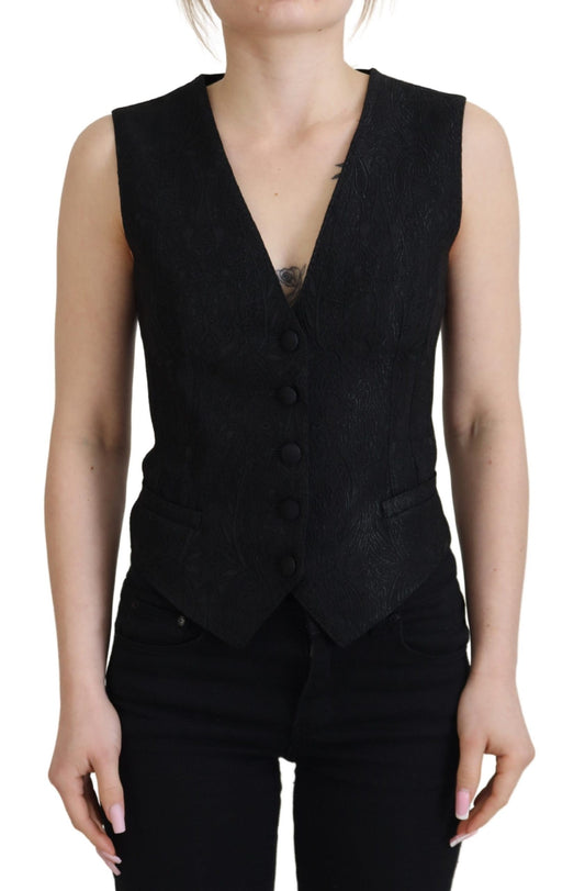 Elegant Black Silk Blend Waistcoat Vest