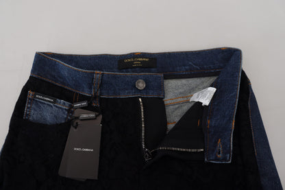 Black Floral Lace Front Skinny Denim Jeans