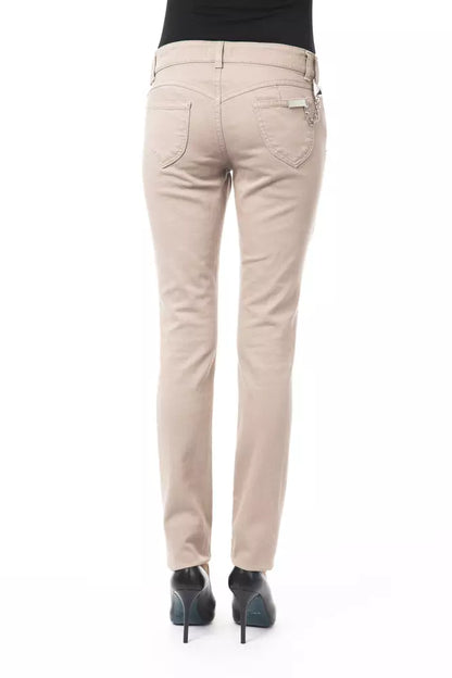 Beige Cotton Women Pant with Back Pocket Chain