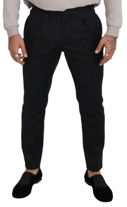 Elegant Black Striped Wool Blend Trousers