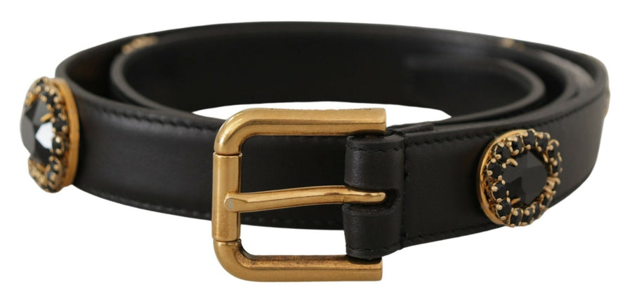 Black Leather Embellished Crystal Logo Belt