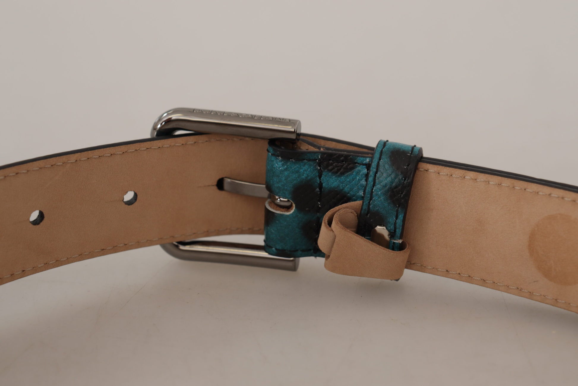 Engraved Logo Leather Belt in Blue Green