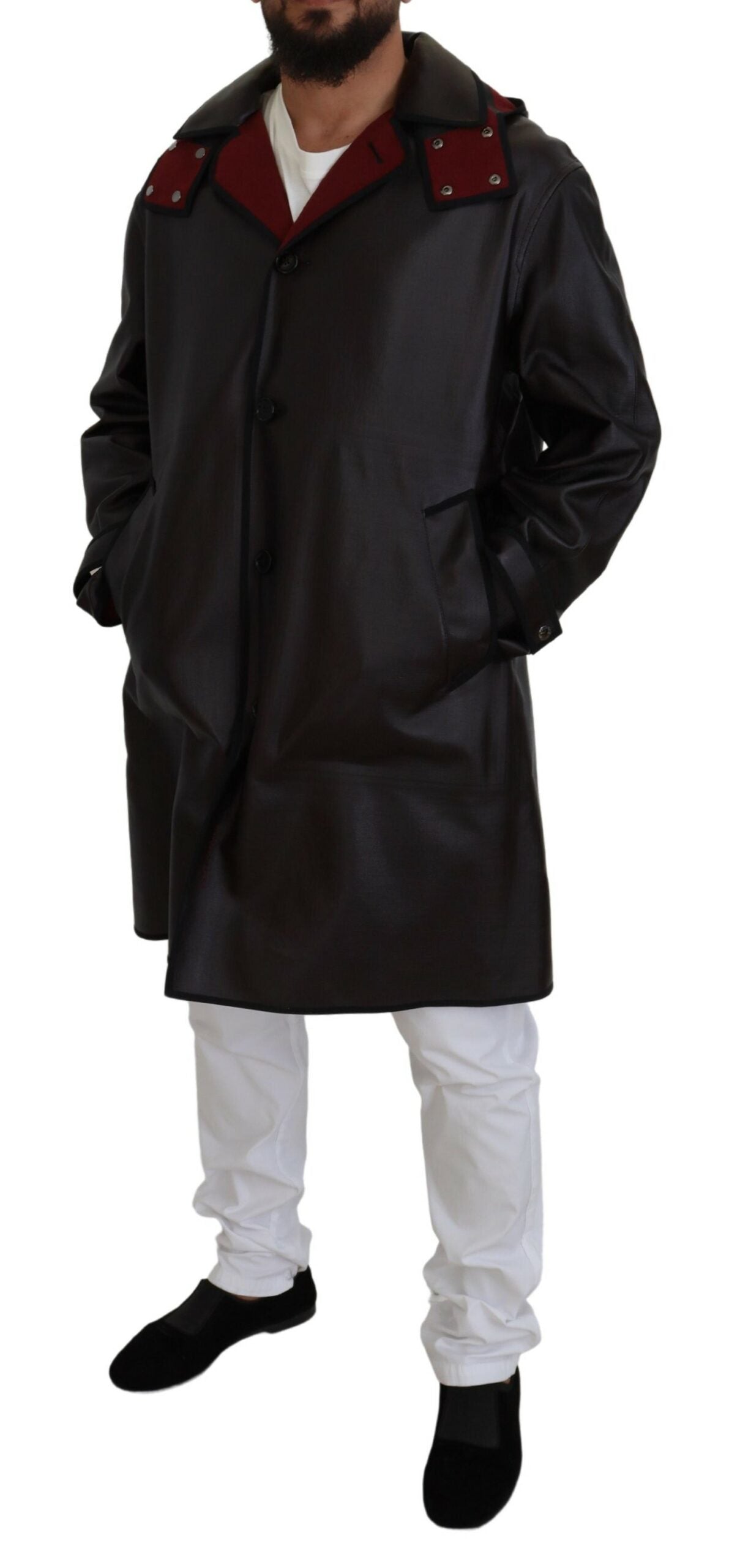 Elegant Hooded Parka Coat in Black and Bordeaux