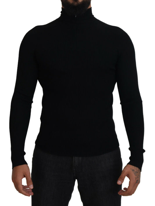 Elegant Black Wool Half Zip Turtleneck Sweater