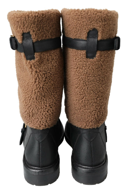 Black Shearling Leather Long Boots