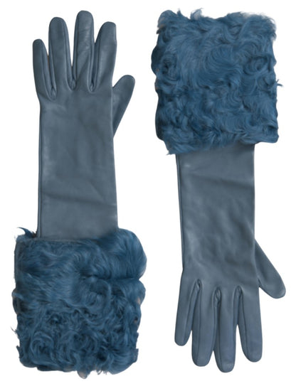 Elegant Blue Leather Gloves with Fur Trim