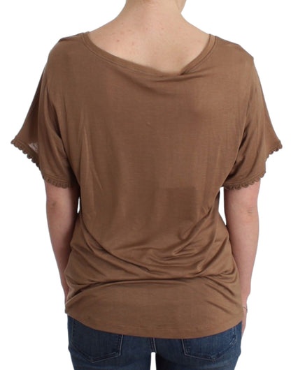 Elegant Short-Sleeved Brown Rayon Top