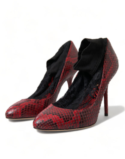 Red Almond Toe Snakeskin Pumps with Lace Socks