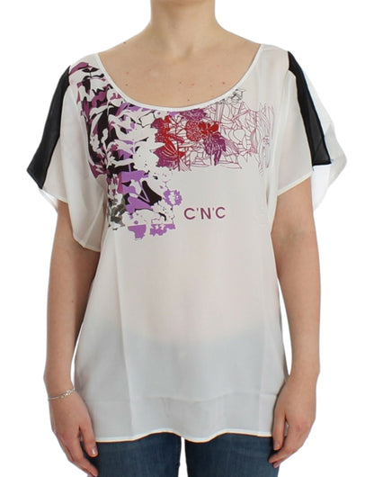 Chic White V-Neck Motive Print Tee