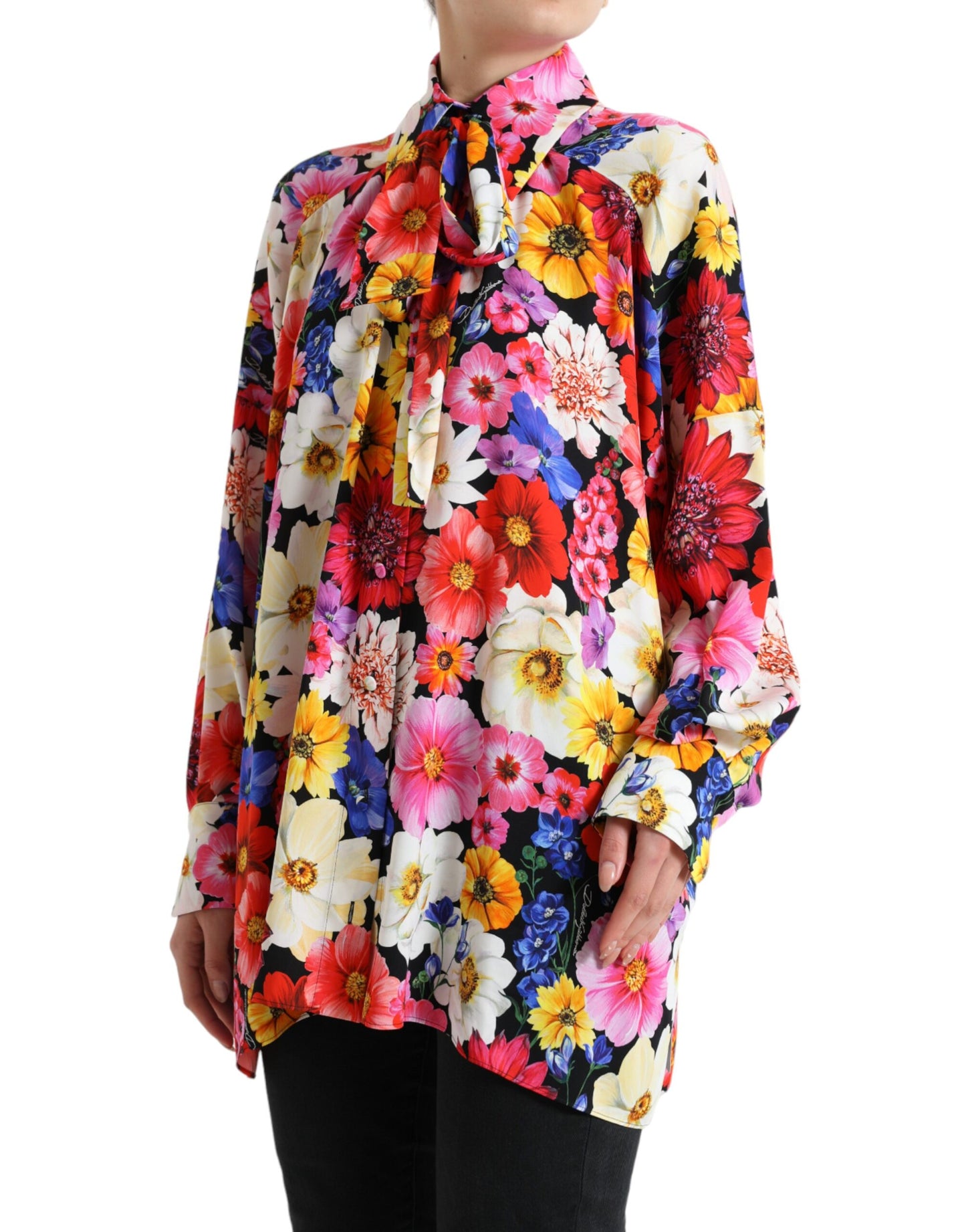 Floral Silk Blouse with Front Tie Fastening