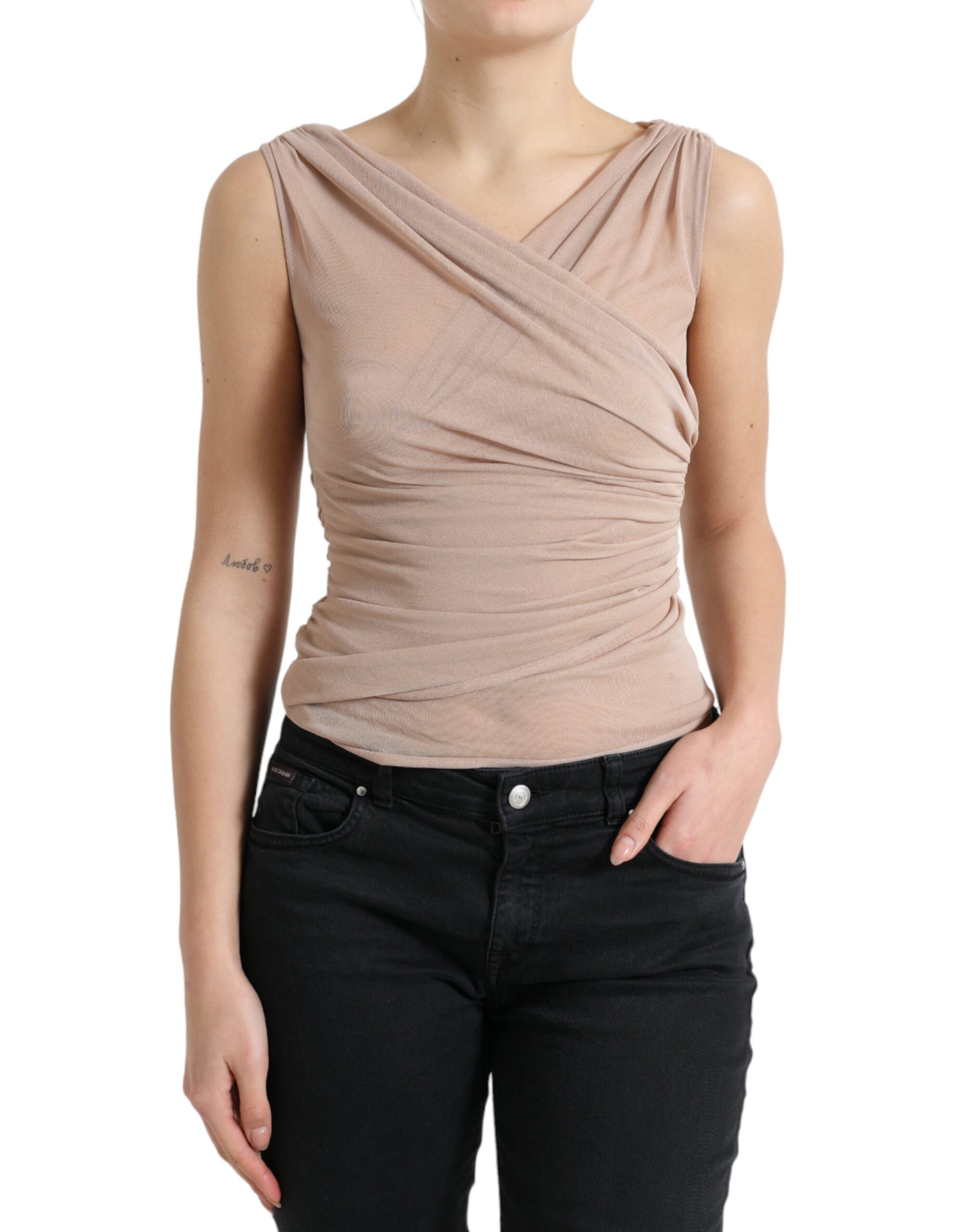 Elegant Beige V-Neck Sleeveless Sheer Tank Top