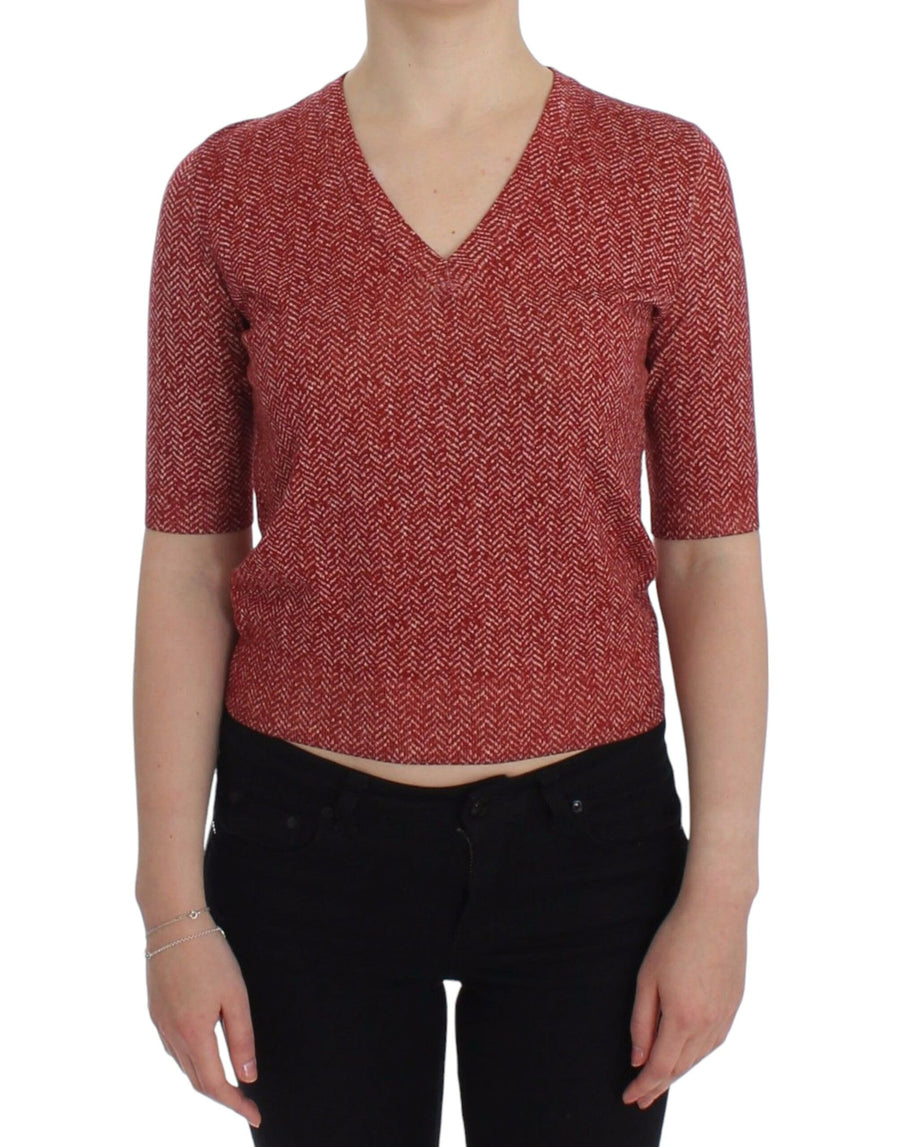 Red Wool Tweed Short Sleeve Sweater Pullover