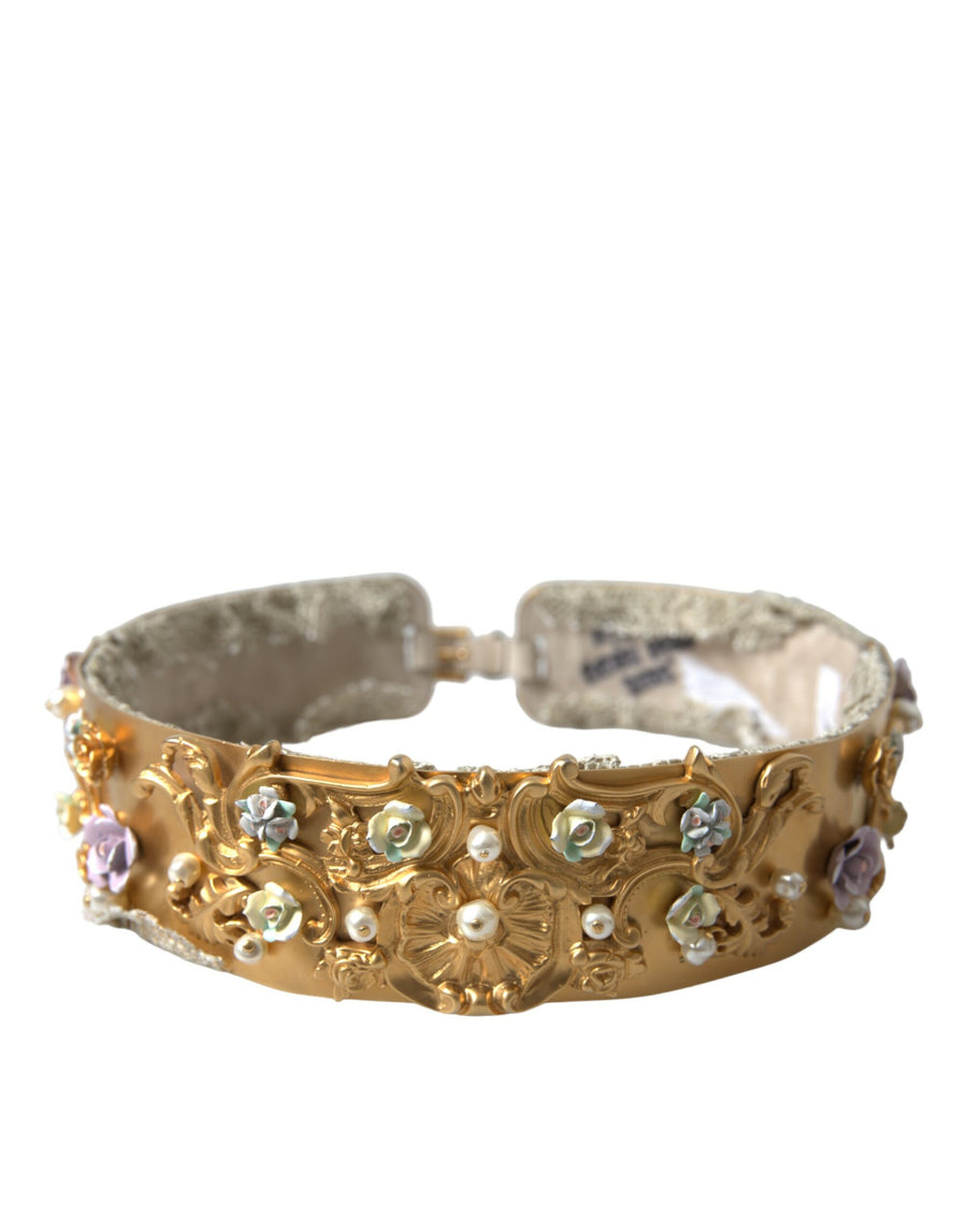 Elegant Gold-Tone Faux Pearl Floral Belt