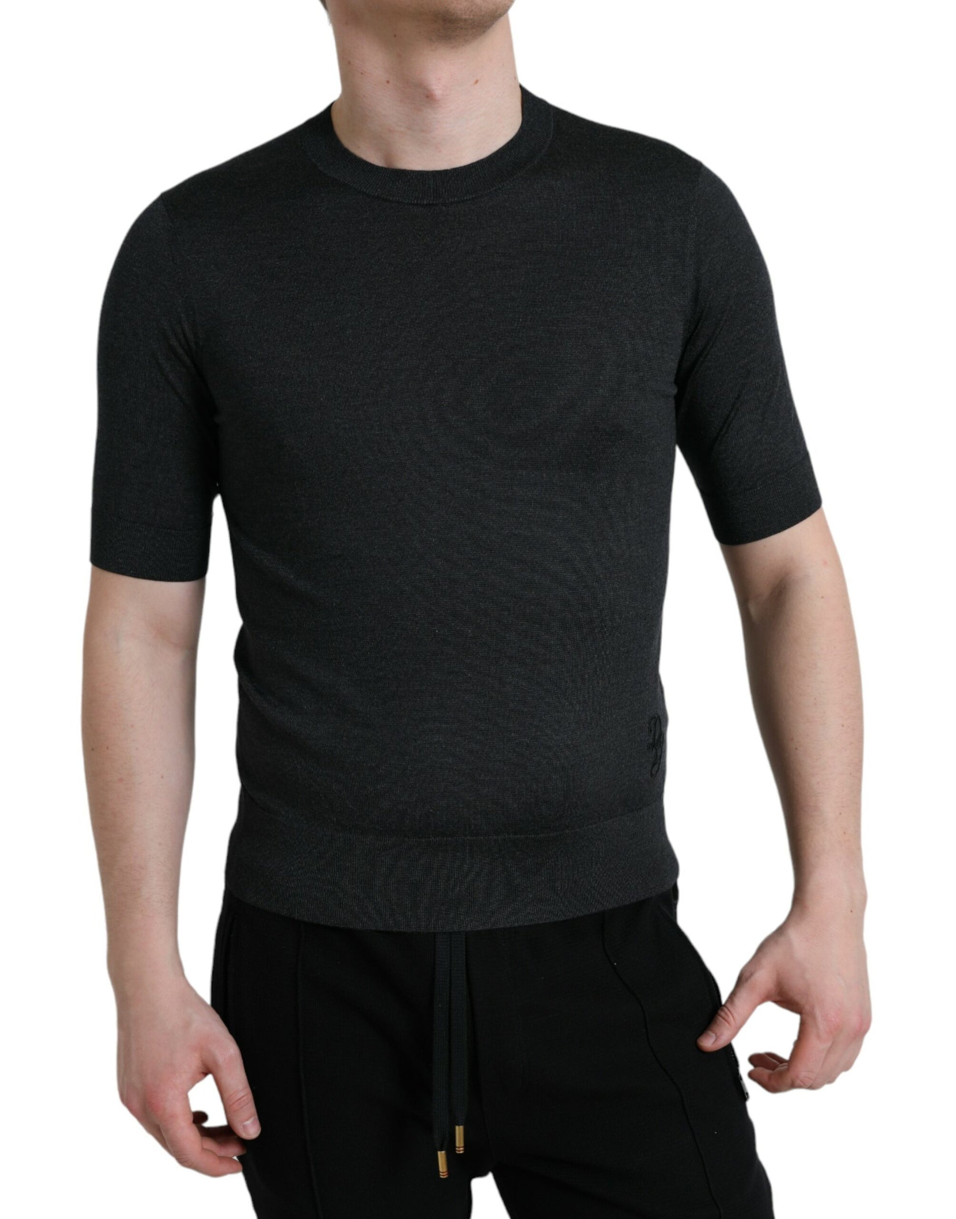 Elegant Silk Crew Neck Tee in Dark Grey