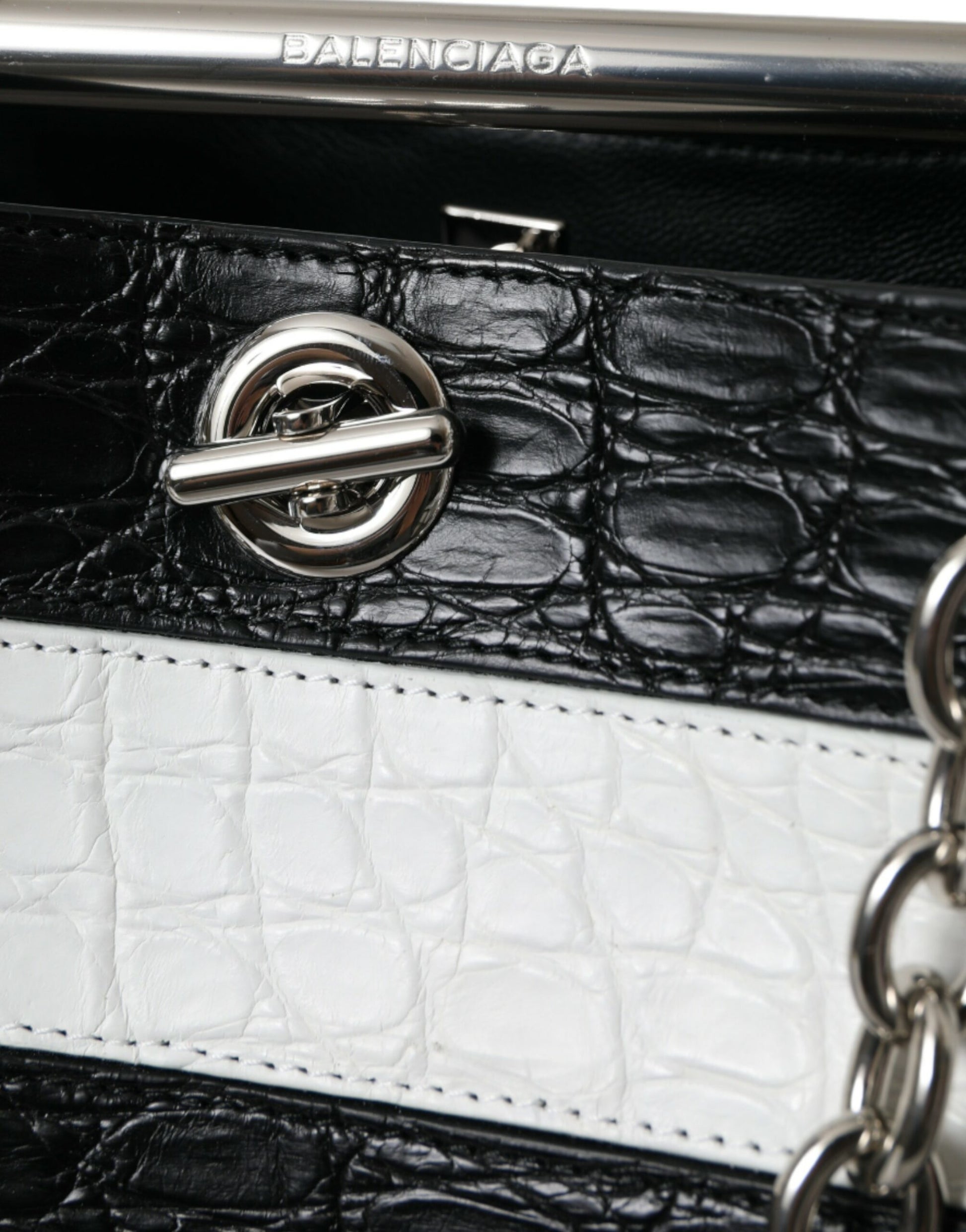 Black White Striped Exotic Skin Leather Maxi Bucket Tote Bag