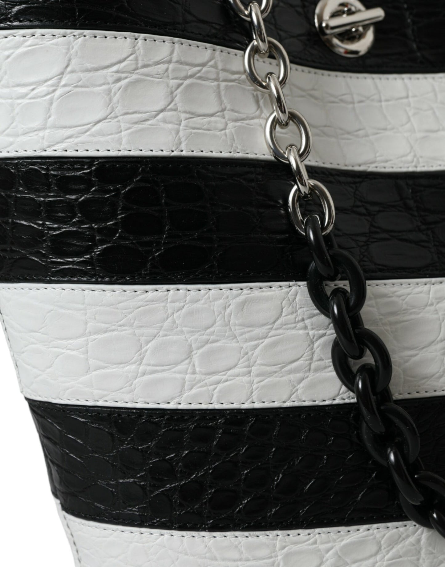 Black White Striped Exotic Skin Leather Maxi Bucket Tote Bag