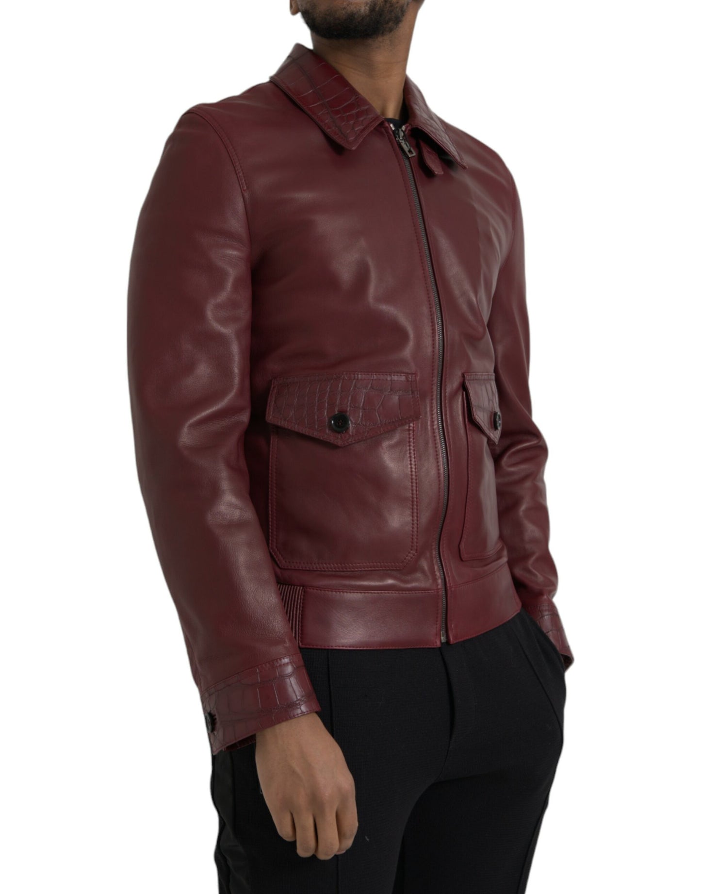 Maroon Exotic Leather Zip Biker Coat Jacket