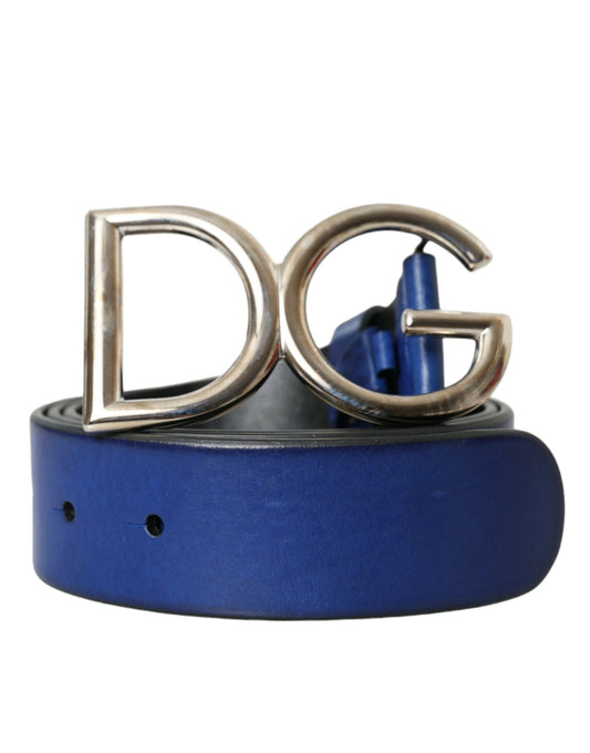 Blue Leather Silver Metal Logo Buckle Belt Men