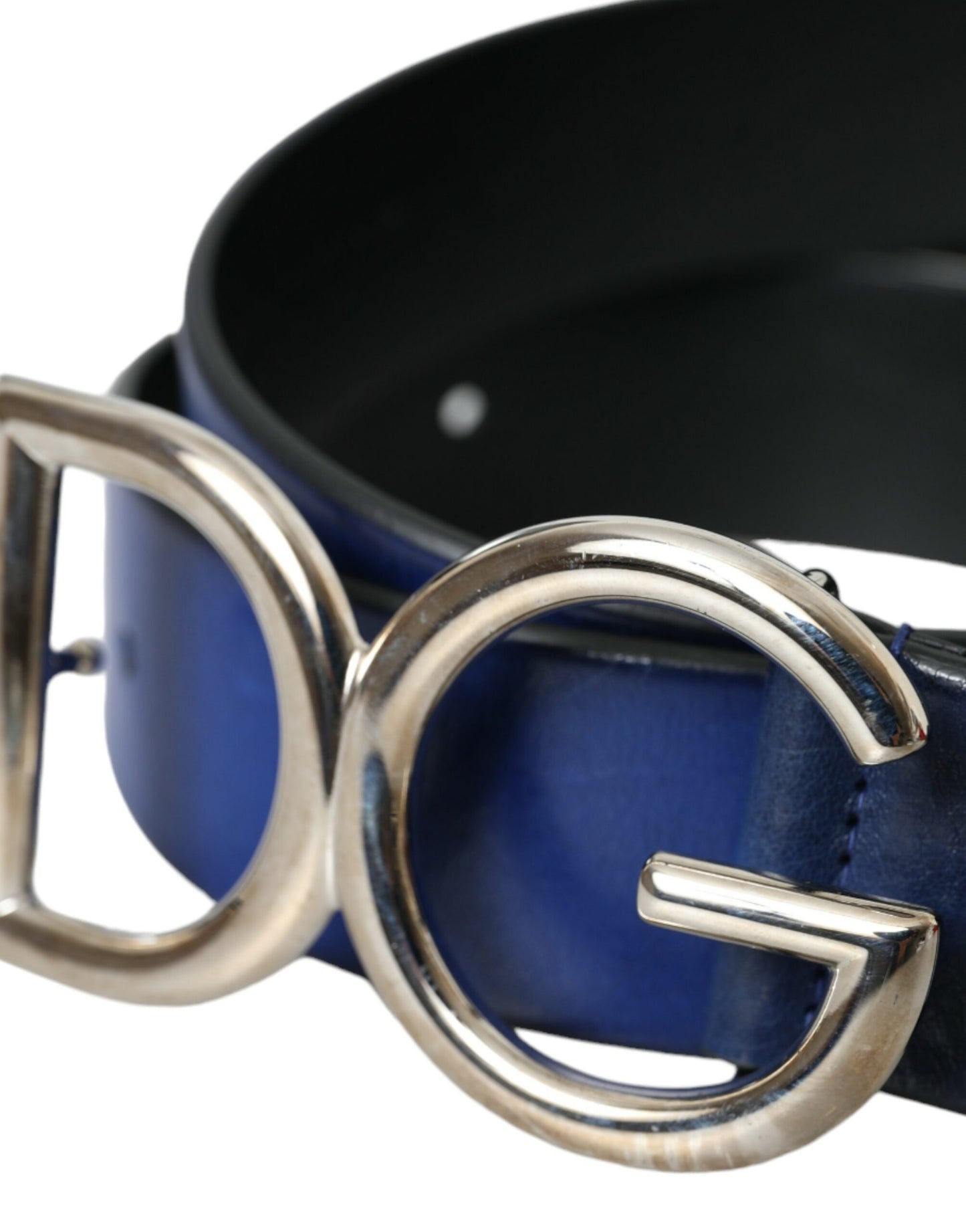 Blue Leather Silver Metal Logo Buckle Belt Men