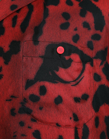 Red Leopard Silk Button Down Casual Shirt