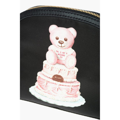 Chic Teddy Bear Print Clutch with Calfskin Strap