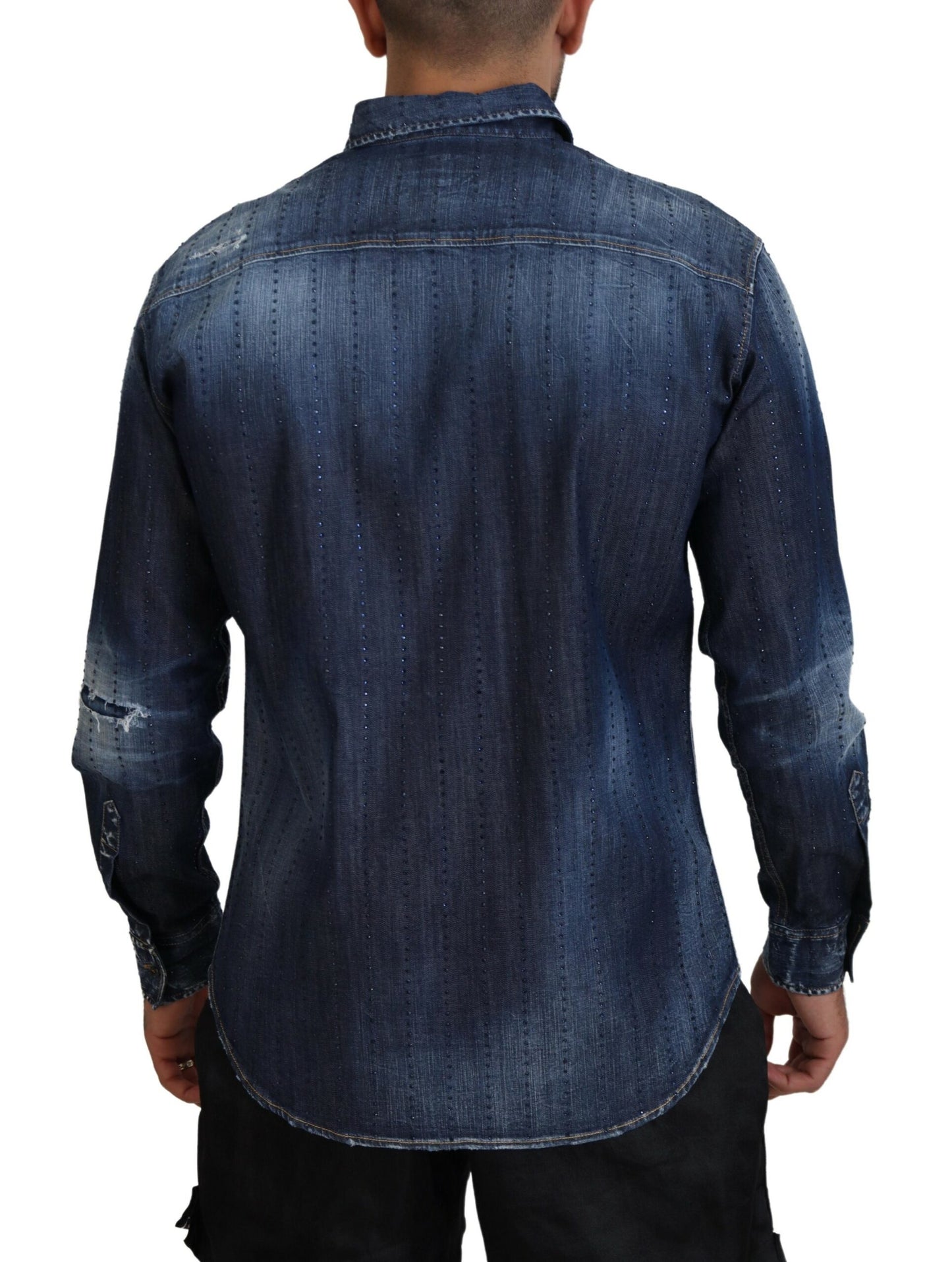 Blue Tattered Crystal Embellished Denim Shirt