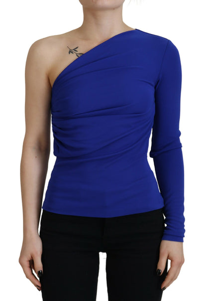 Blue Viscose One Shoulder Slim Fit Blouse Top