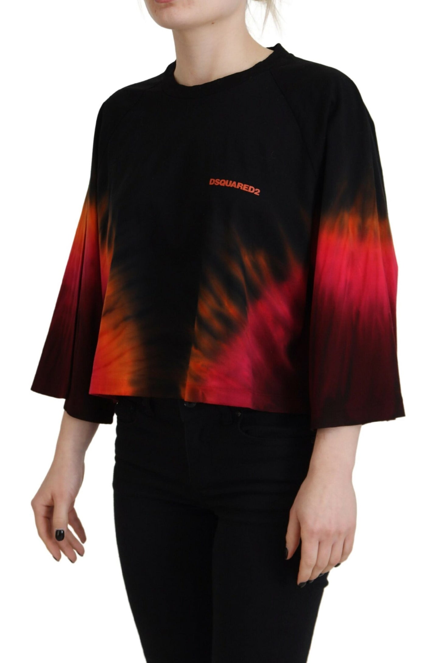 Black Cotton Tie Dye Crew Neck Casual Top