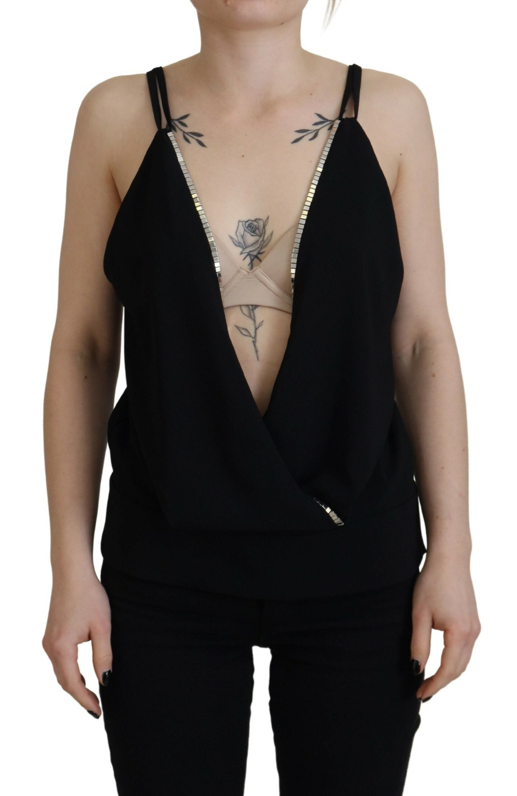 Black Embellished Deep V-neck Sleeveless Tank Top